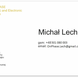 OnPhase - Wizytówka firmy OnPHASE Electric and Electronic system z imieniem i nazwiskiem Michał Lech, numerem telefonu, adresem email oraz listą oferowanych usług: instalacje elektryczne, automatyka bram...