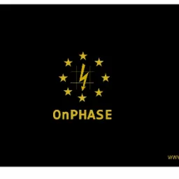 Żółte logo firmy OnPHASE na czarnym tle, z symbolem błyskawicy otoczonej gwiazdami i adresem strony internetowej.