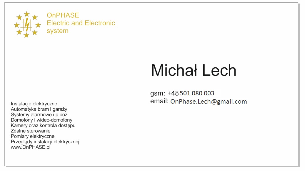 Wizytówka firmy OnPHASE Electric and Electronic system z imieniem i nazwiskiem Michał Lech, numerem telefonu, adresem email oraz listą oferowanych usług: instalacje elektryczne, automatyka bram...