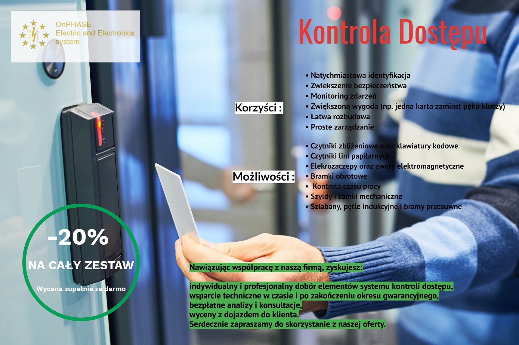 Czytnik kart zbliżeniowych przy drzwiach, karta w dłoni, grafika z hasłem 'Kontrola Dostępu' i korzyściami z systemu.