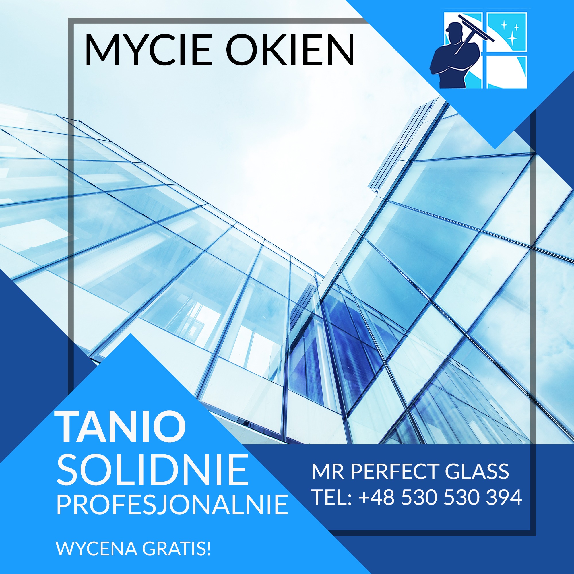 Reklama firmy oferującej usługi czyszczenia przeszkleń, prezentująca nowoczesny budynek biurowy z licznymi szklanymi panelami i sylwetkę osoby z myjką do okien w logo firmy.