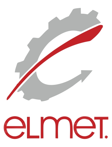 Logo firmy Elmet: szara zębatka z czerwoną strzałą i czerwony napis 'elmet.'
