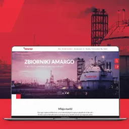 Strona internetowa firmy Amargo na ekranie laptopa, prezentująca zbiorniki przemysłowe na tle czerwonego tła z logo firmy.