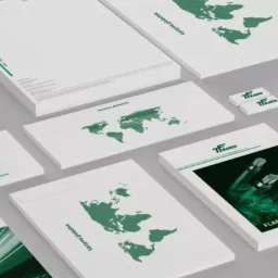 Komplet materiałów firmowych TF Kable z logo, wizytówkami, papierem firmowym, kopertami z mapą świata, płytą CD i katalogami produktów na szarym tle.