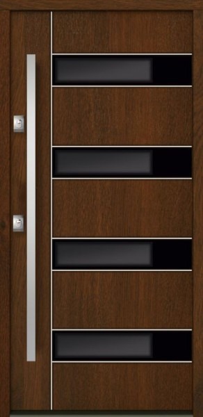 Ciemnobrązowe drzwi wejściowe z czterema poziomymi, prostokątnymi, czarnymi wstawkami, srebrnym uchwytem i dwoma zamkami.