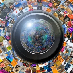 Abstrakcyjna kompozycja wizualna przedstawiająca obiektyw aparatu fotograficznego otoczony kolażem różnorodnych, miniaturowych zdjęć w ciepłej tonacji, tworzących iluzję tunelu perspektywicznego.