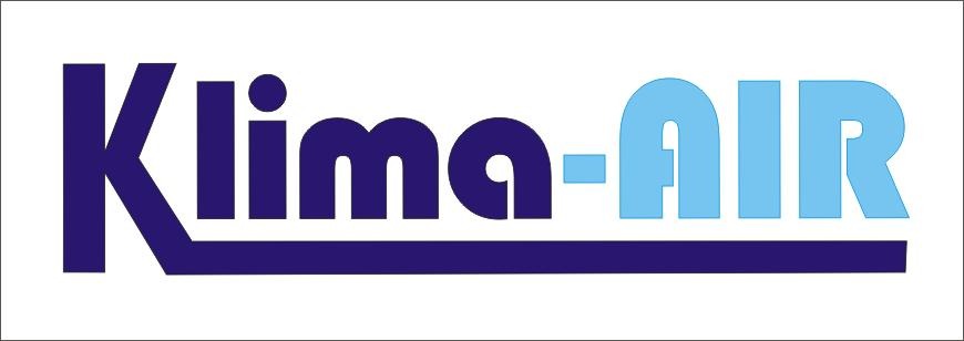 Logo firmy Klima-AIR z granatowymi literami 'Klima' i jasnoniebieskimi literami '-AIR', całość podkreślona granatową linią.