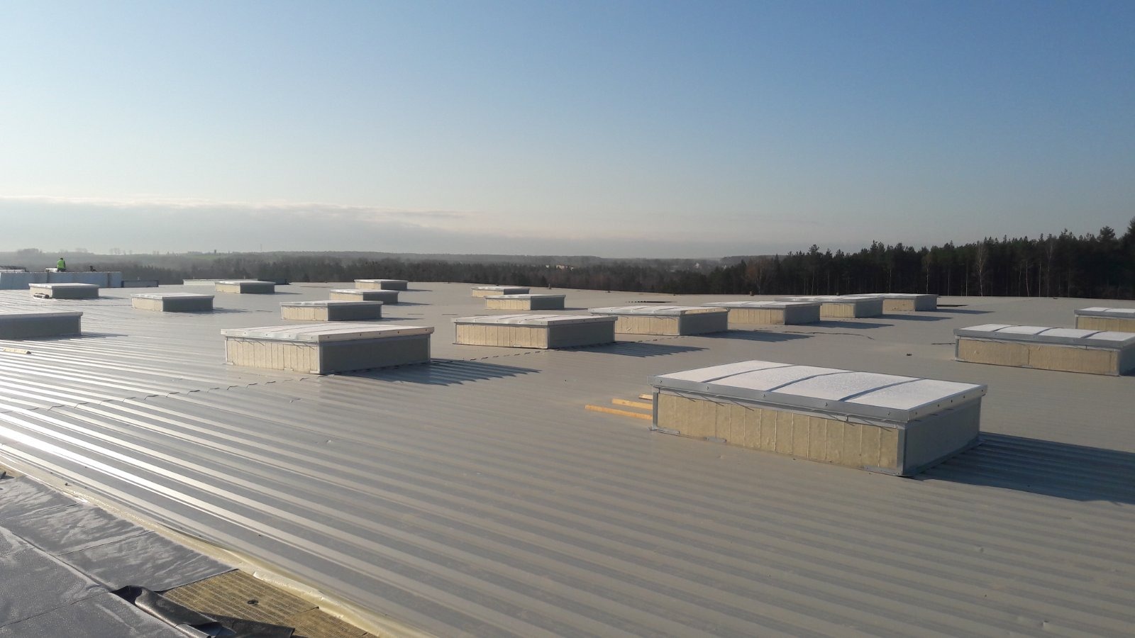 Widok z góry na płaski dach przemysłowy z licznymi świetlikami dachowymi; w tle las i błękitne niebo.