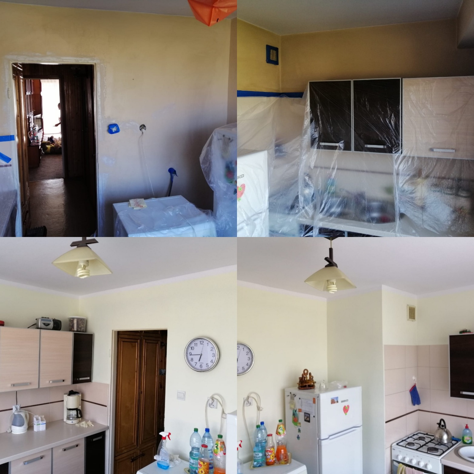 Kuchnia w Wilczycach w trakcie przygotowań do malowania: meble i sprzęty zabezpieczone folią malarską, ściany zagruntowane, widoczne gniazdka elektryczne i lampa sufitowa.