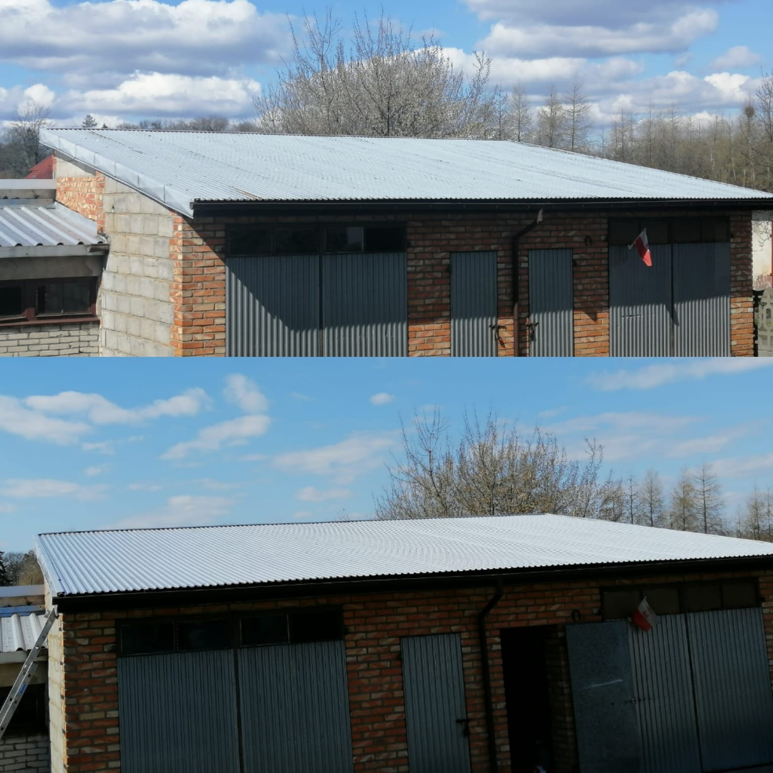 Nowy, srebrny dach z blachy falistej na murowanym garażu z bramami z blachy trapezowej, widok z dwóch różnych perspektyw w słoneczny dzień.