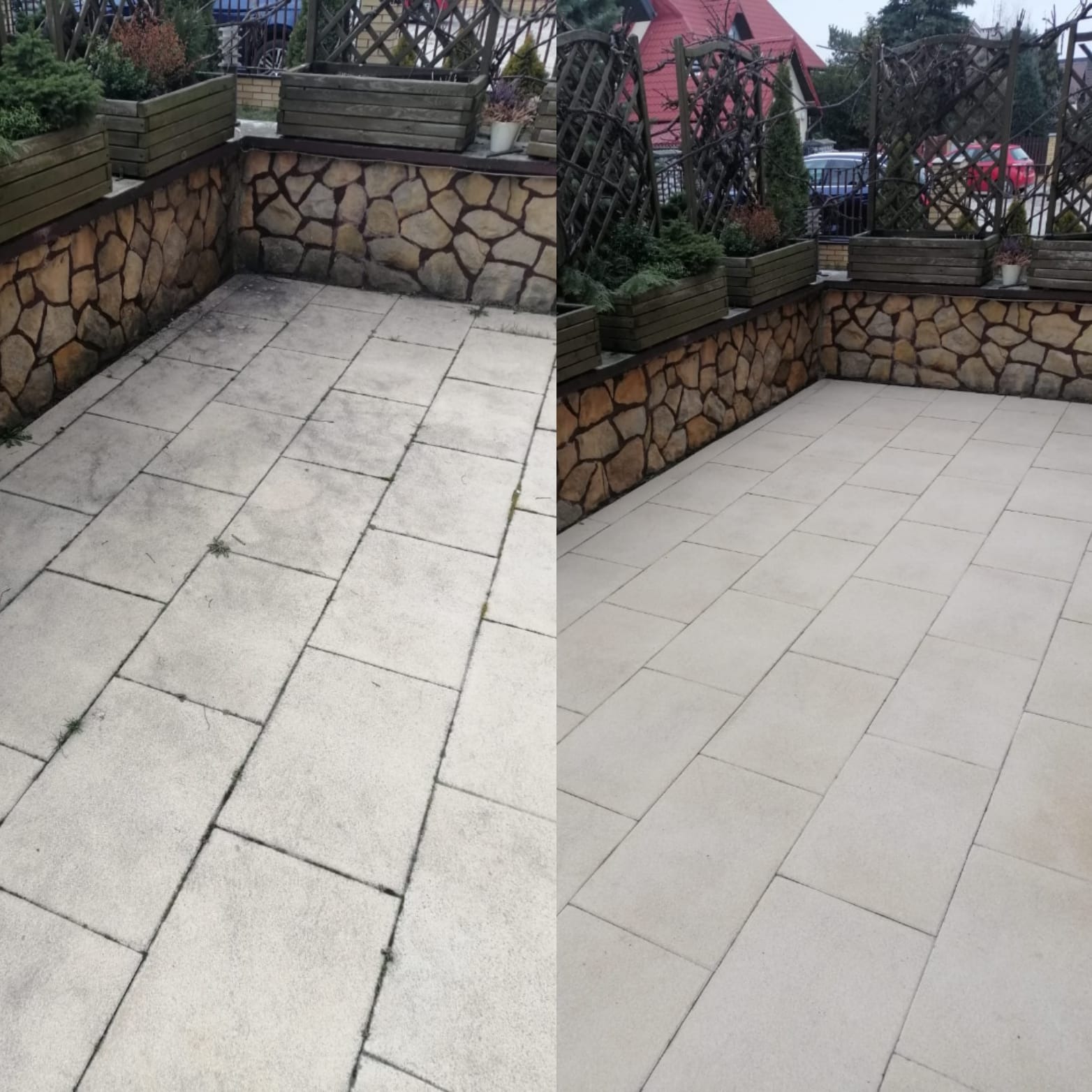 Porównanie stanu kostki brukowej przed i po czyszczeniu na zewnątrz, widoczne różnice w kolorze i braku zabrudzeń, z kamienną ścianką i drewnianymi donicami w tle.
