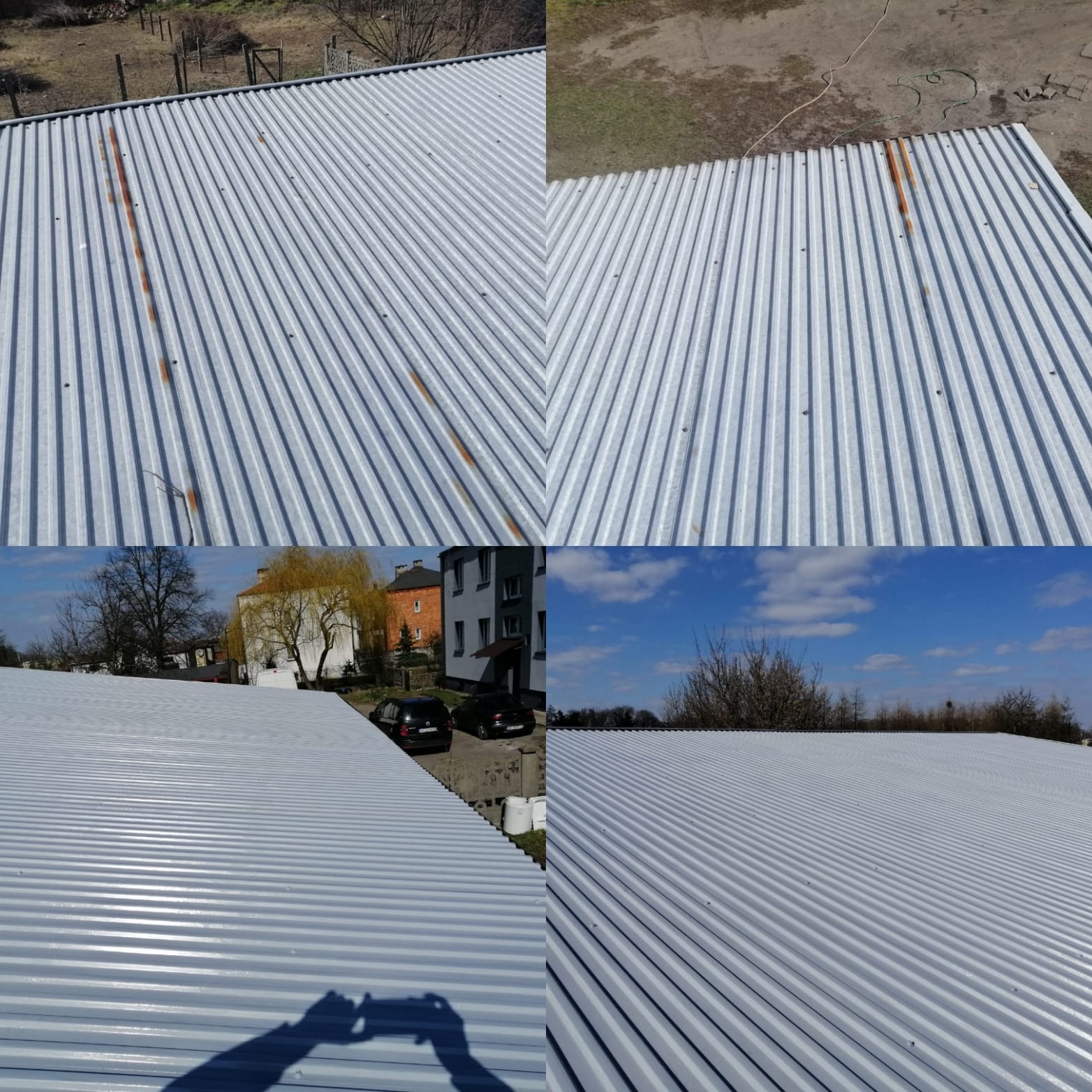 Czteropanelowe zdjęcie przedstawia dach z blachy trapezowej, z widocznymi śladami rdzy na jednej z sekcji przed i po prawdopodobnym malowaniu, oraz otoczenie z budynkami i drzewami w tle.