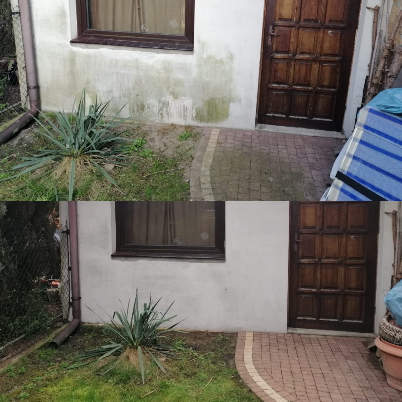 Zdjęcie porównawcze elewacji budynku przed i po czyszczeniu, z widocznymi plamami i zabrudzeniami na górnej części oraz czystą, odnowioną powierzchnią na dolnej części, obok brązowych drzwi i okna.