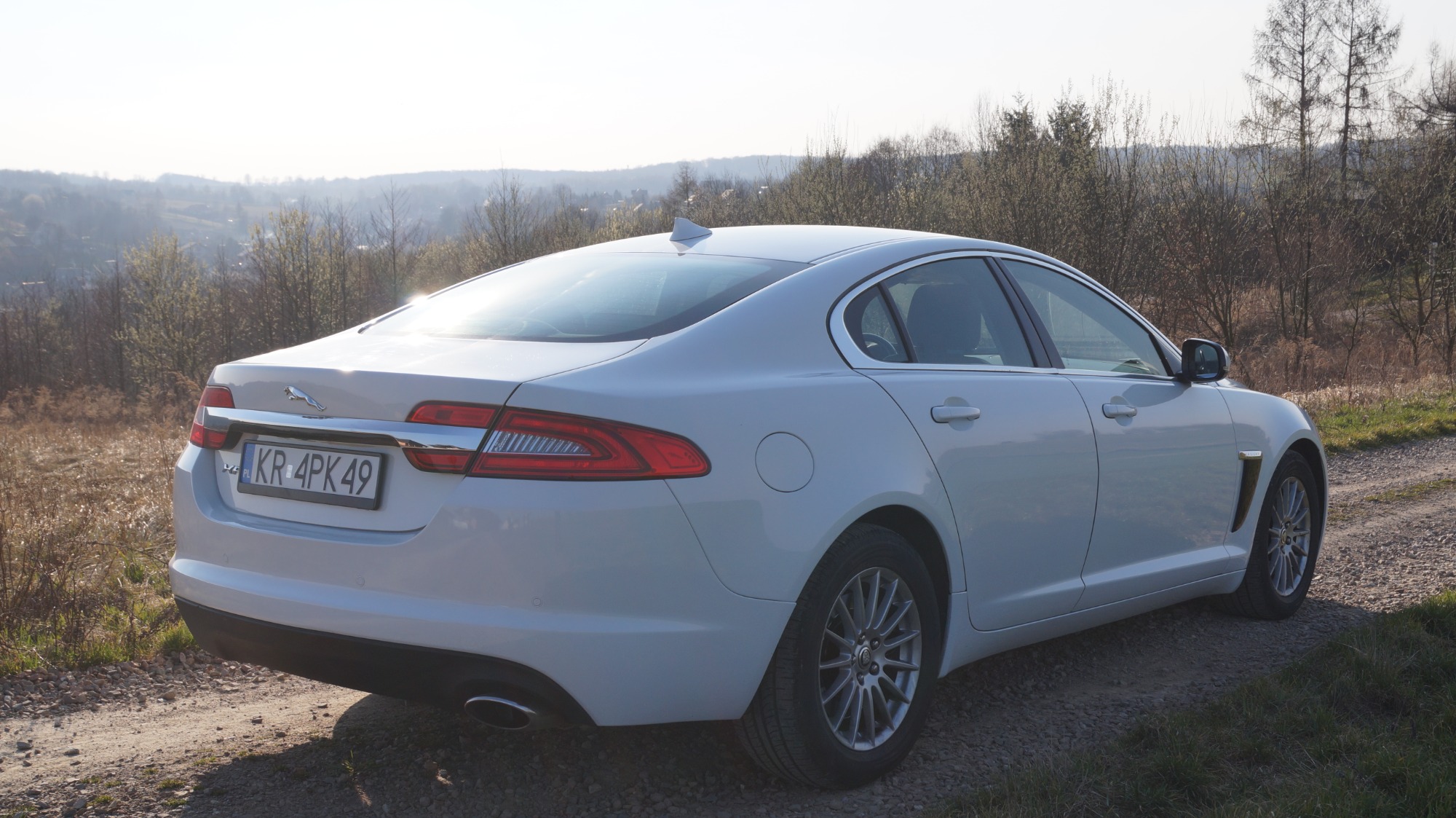Biały Jaguar XF zaparkowany na polnej drodze z widokiem na pagórkowaty krajobraz w tle, tablica rejestracyjna KR 4PK49.