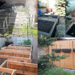 Kolaż czterech zdjęć przedstawia budowę podwyższonych grządek ogrodowych z różnych materiałów: metalu i drewna, w różnych stadiach zaawansowania prac, niektóre już obsadzone roślinami, z widocznymi...
