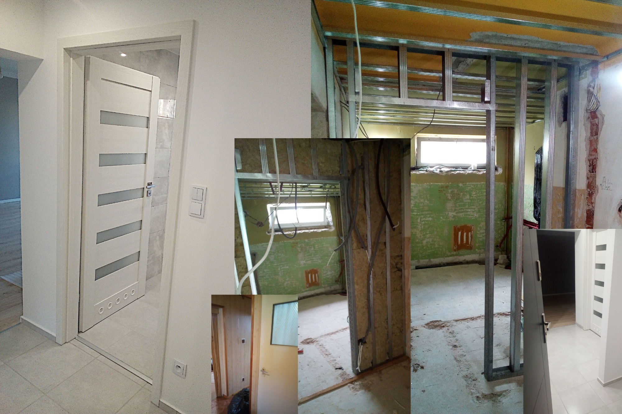 Wnętrze w trakcie remontu: montaż metalowej konstrukcji ścianki działowej, widoczne instalacje elektryczne, fragment wykończonego pomieszczenia z białą, nowoczesną stolarką drzwiową z przeszkleniami.