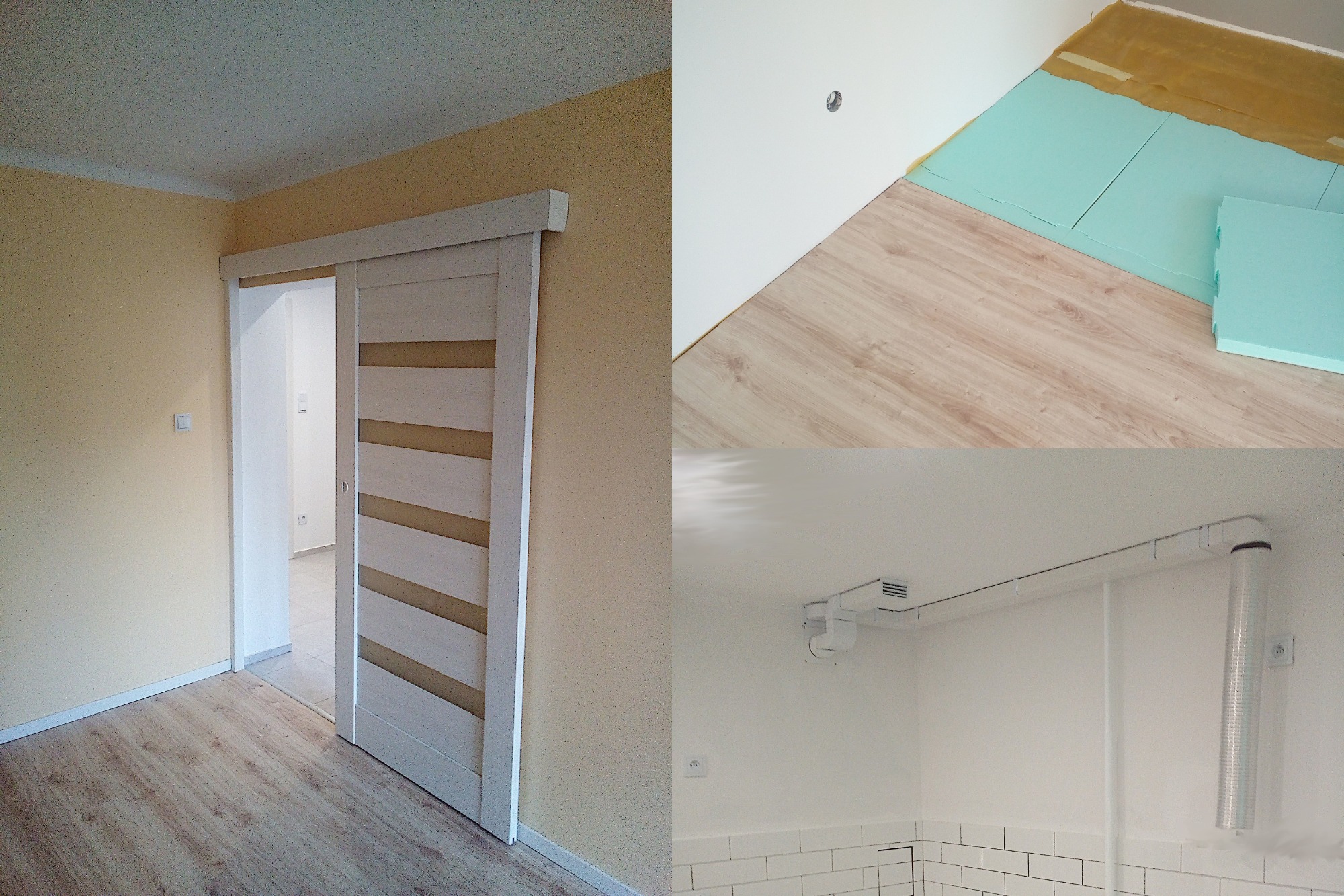 Pokój po remoncie z przesuwnymi drzwiami i nową podłogą, widoczna również instalacja wentylacyjna pod sufitem w łazience wykończonej białymi płytkami.