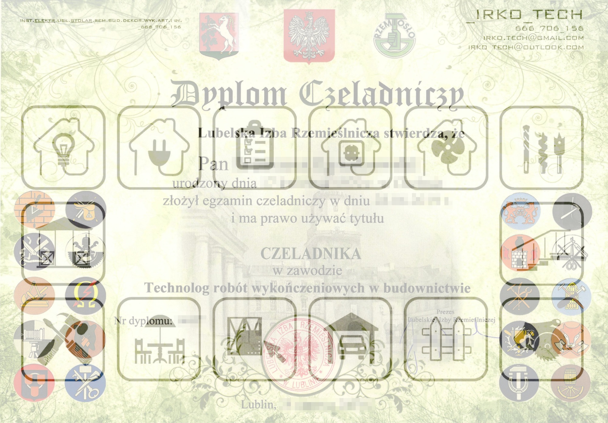 Skan dyplomu czeladniczego Lubelskiej Izby Rzemieślniczej dla technologa robót wykończeniowych w budownictwie z elementami graficznymi symbolizującymi różne rzemiosła.
