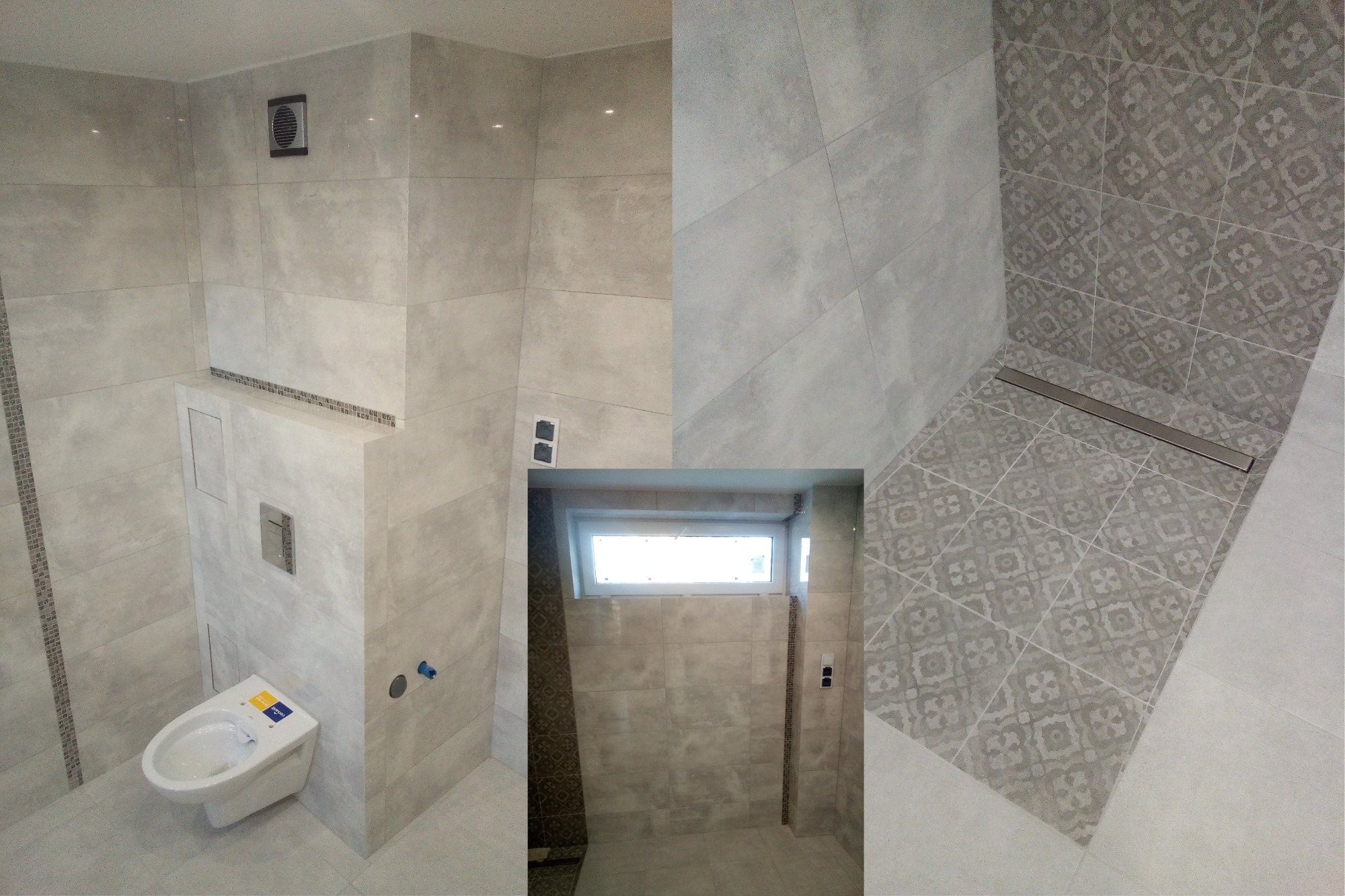 Nowoczesna łazienka z szarymi płytkami w różnych odcieniach i wzorach, widoczny odpływ liniowy, podwieszana toaleta z przyciskiem spłukującym i wentylator wyciągowy.