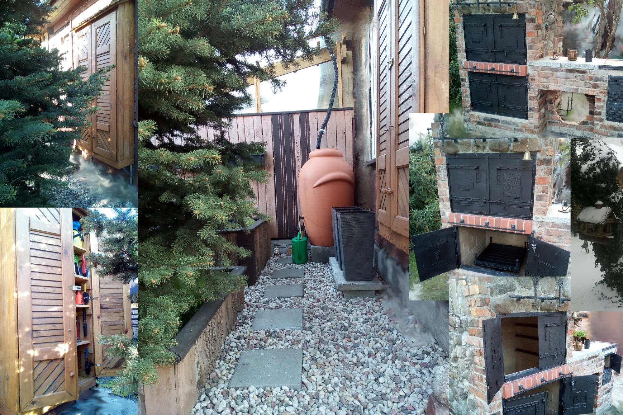 Kompozycja zmontowana z kilku kadrów: drewniany domek narzędziowy, zbiornik na deszczówkę z rynną, ścieżka z kamieni i ceglany grill z metalowymi drzwiczkami, prawdopodobnie w Chełmie.