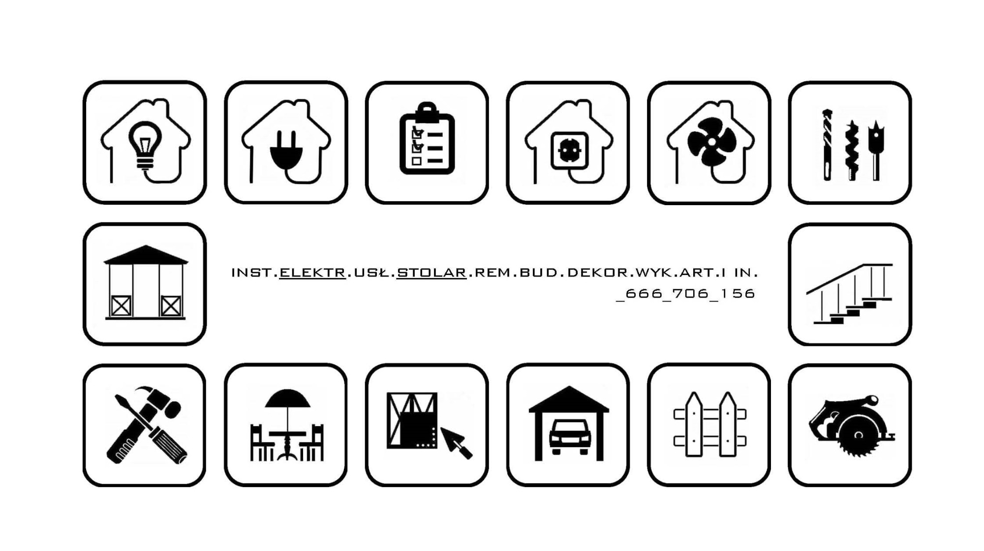 Zestaw ikon przedstawiających różne usługi budowlane i instalacyjne, w tym elektryczne, remontowe, stolarskie i dekoracyjne, umieszczonych w zaokrąglonych kwadratach.