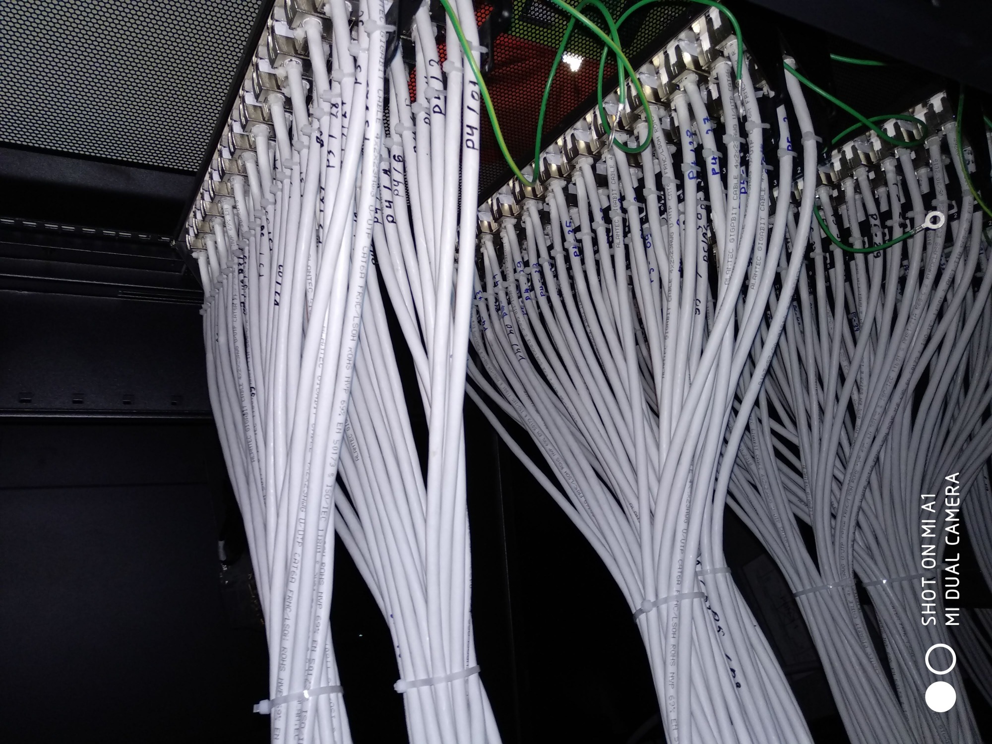 Szereg białych kabli sieciowych CAT6A, oznaczonych markerem, podłączonych do panelu krosowniczego w szafie serwerowej, uporządkowanych za pomocą opasek zaciskowych.