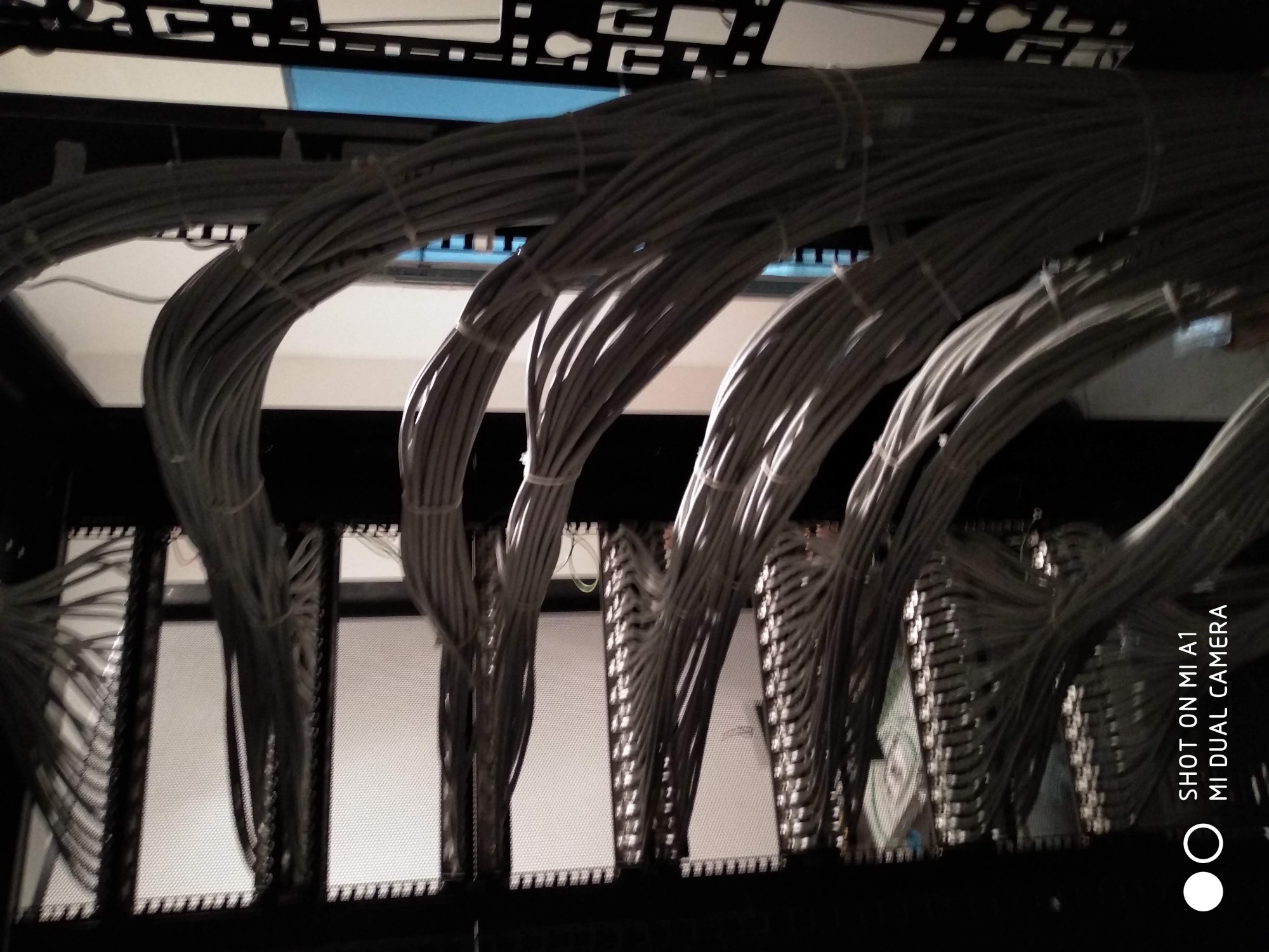 Pęczki szarych kabli elektrycznych uporządkowane w szafie serwerowej w Limanowej, zabezpieczone opaskami zaciskowymi.