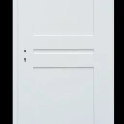 Białe, dwuczęściowe drzwi wewnętrzne z prostymi panelami, widoczne zawiasy i klamka.