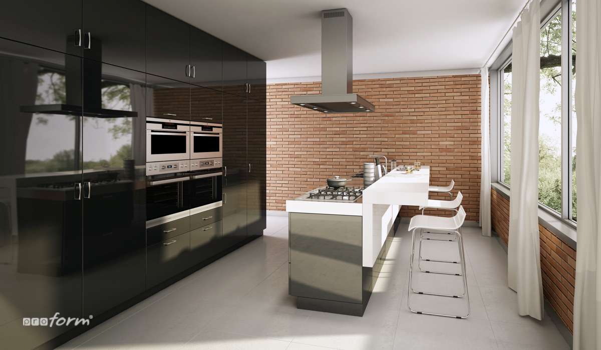 Nowoczesna kuchnia z czarnymi, lakierowanymi szafkami, wyspą z białym blatem, ceglaną ścianą i trzema białymi hokerami.