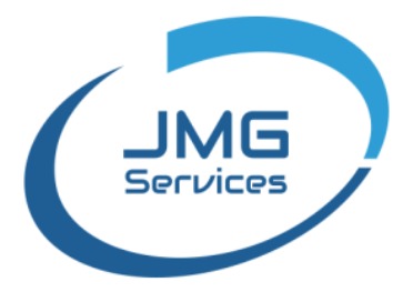 Logo firmy JMG Services z niebieskim obramowaniem w kształcie elipsy i napisem w dwóch wierszach.