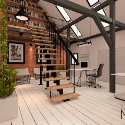 Loftowe biuro z ceglaną ścianą, schodami z drewnianymi stopniami, metalową konstrukcją i roślinami w białych donicach, oświetlone lampami wiszącymi i światłem z okien dachowych.
