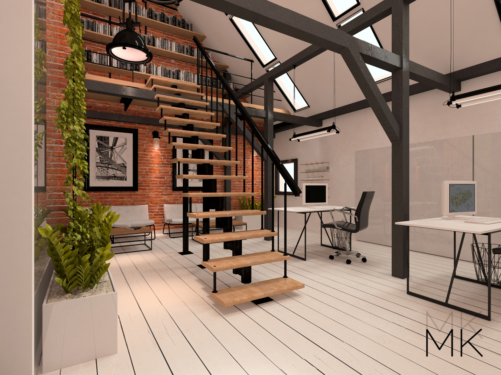 Loftowe biuro z ceglaną ścianą, schodami z drewnianymi stopniami, metalową konstrukcją i roślinami w białych donicach, oświetlone lampami wiszącymi i światłem z okien dachowych.
