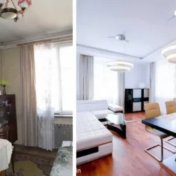 Porównanie pokoju przed i po renowacji: po lewej starszy wystrój z beżowymi ścianami i meblami w stylu retro, po prawej nowoczesny salon z ceglaną ścianą, minimalistycznymi lampami i białymi meblami.