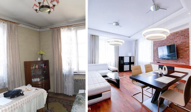 Porównanie pokoju przed i po renowacji: po lewej starszy wystrój z beżowymi ścianami i meblami w stylu retro, po prawej nowoczesny salon z ceglaną ścianą, minimalistycznymi lampami i białymi meblami.