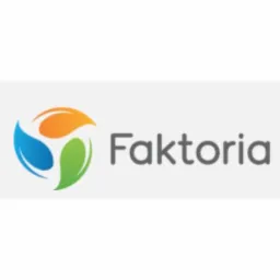 Logo firmy Faktoria z trzema listkami w kolorach niebieskim, pomarańczowym i zielonym, ustawionymi w okrąg.