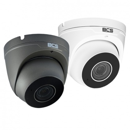 Dwie kamery kopułkowe BCS: szara i biała, skierowane obiektywami w stronę widza, na białym tle.