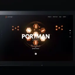Ekran laptopa wyświetlający stronę internetową firmy Portman z oświetleniem, prezentującą ich logo i ofertę custom lights na ciemnym tle z elementami graficznymi w kształcie heksagonów.