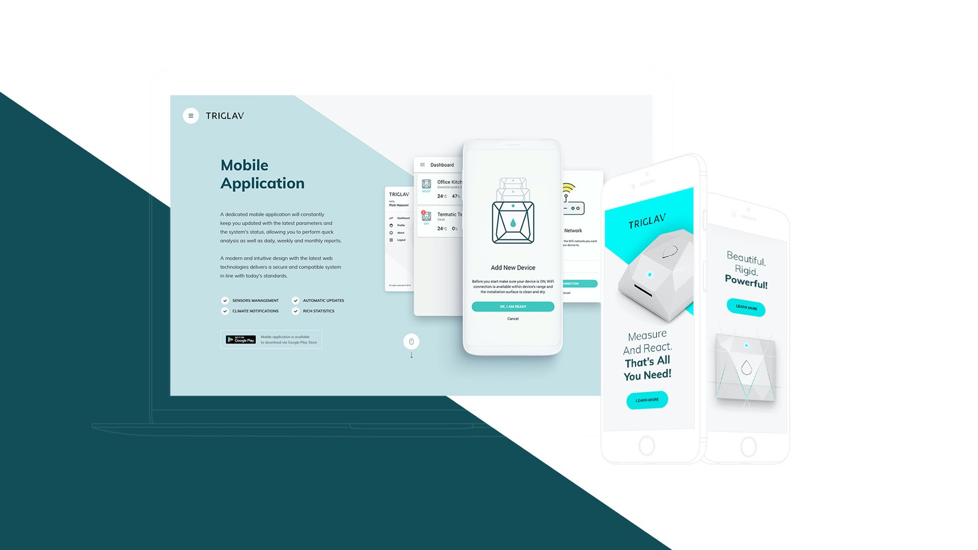 Mockup strony internetowej i aplikacji mobilnej Triglav do monitorowania parametrów, wyświetlane na ekranie laptopa i smartfonach.