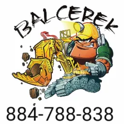 Kreskówkowa ilustracja firmy budowlanej Balcerek przedstawiająca antropomorficzną koparkę z groźną miną i numerem telefonu 884-788-838.