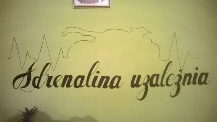 Malunek na ścianie: sylwetka motocykla pomiędzy liniami EKG, napis 'Adrenalina uzależnia' wykonany ozdobną czcionką.