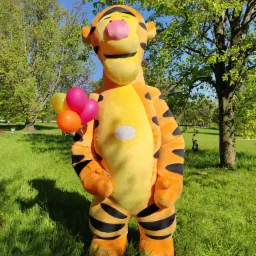 Osoba w kostiumie Tygryska z Kubusia Puchatka, trzymająca pęk kolorowych balonów na tle zielonego parku w słoneczny dzień.