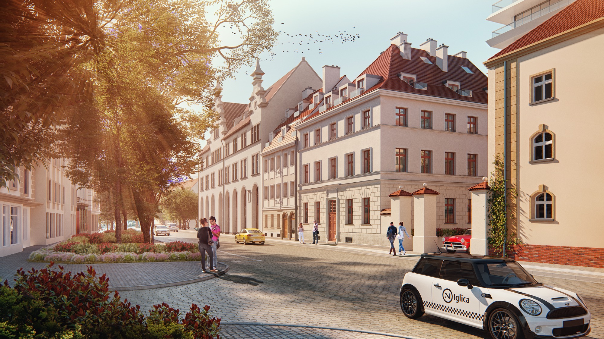Wizualizacja ulicy miejskiej z budynkami w stylu kamienic, z zaparkowanym białym Mini Cooperem z logo firmy na boku, przechodzący ludzie na chodniku i drzewa z promieniami słońca.