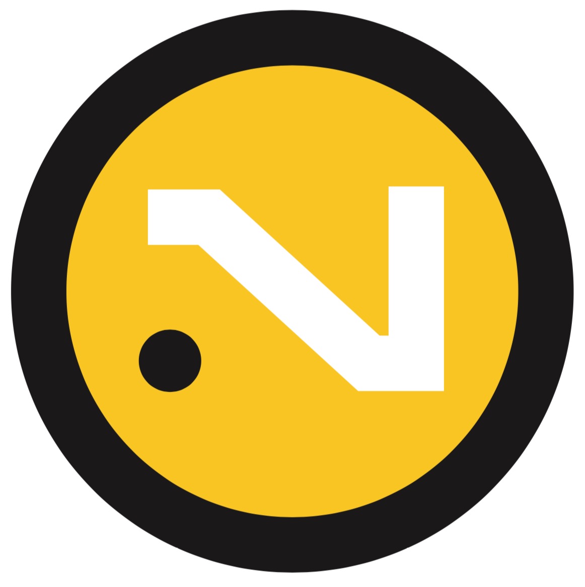 Logo z białą literą 'N' w żółtym okręgu obwiedzionym czarnym pierścieniem, z małą czarną kropką po lewej stronie litery.