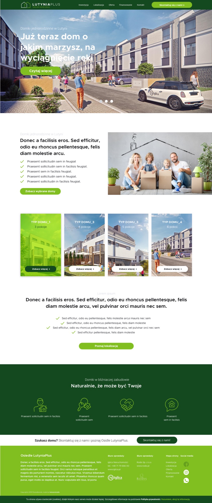 Strona internetowa z ofertą domków jednorodzinnych w Lutyni, prezentująca wizualizację osiedla z rodziną spacerującą na pierwszym planie i samochodem z logo firmy deweloperskiej.