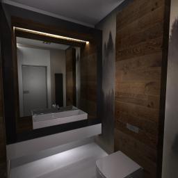 TOP-Dom - Nowoczesna łazienka z drewnianymi panelami ściennymi z motywem lasu, prostokątną umywalką nablatową i podświetlanym lustrem.