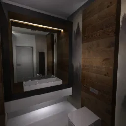 Nowoczesna łazienka z drewnianymi panelami ściennymi z motywem lasu, prostokątną umywalką nablatową i podświetlanym lustrem.