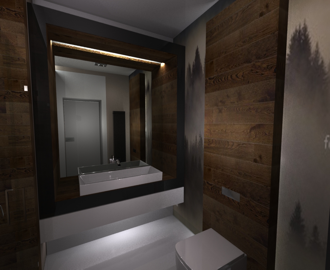 Nowoczesna łazienka z drewnianymi panelami ściennymi z motywem lasu, prostokątną umywalką nablatową i podświetlanym lustrem.