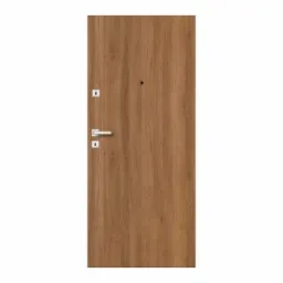 Brązowe drzwi z wizjerem i srebrną klamką, widok z przodu na białym tle.