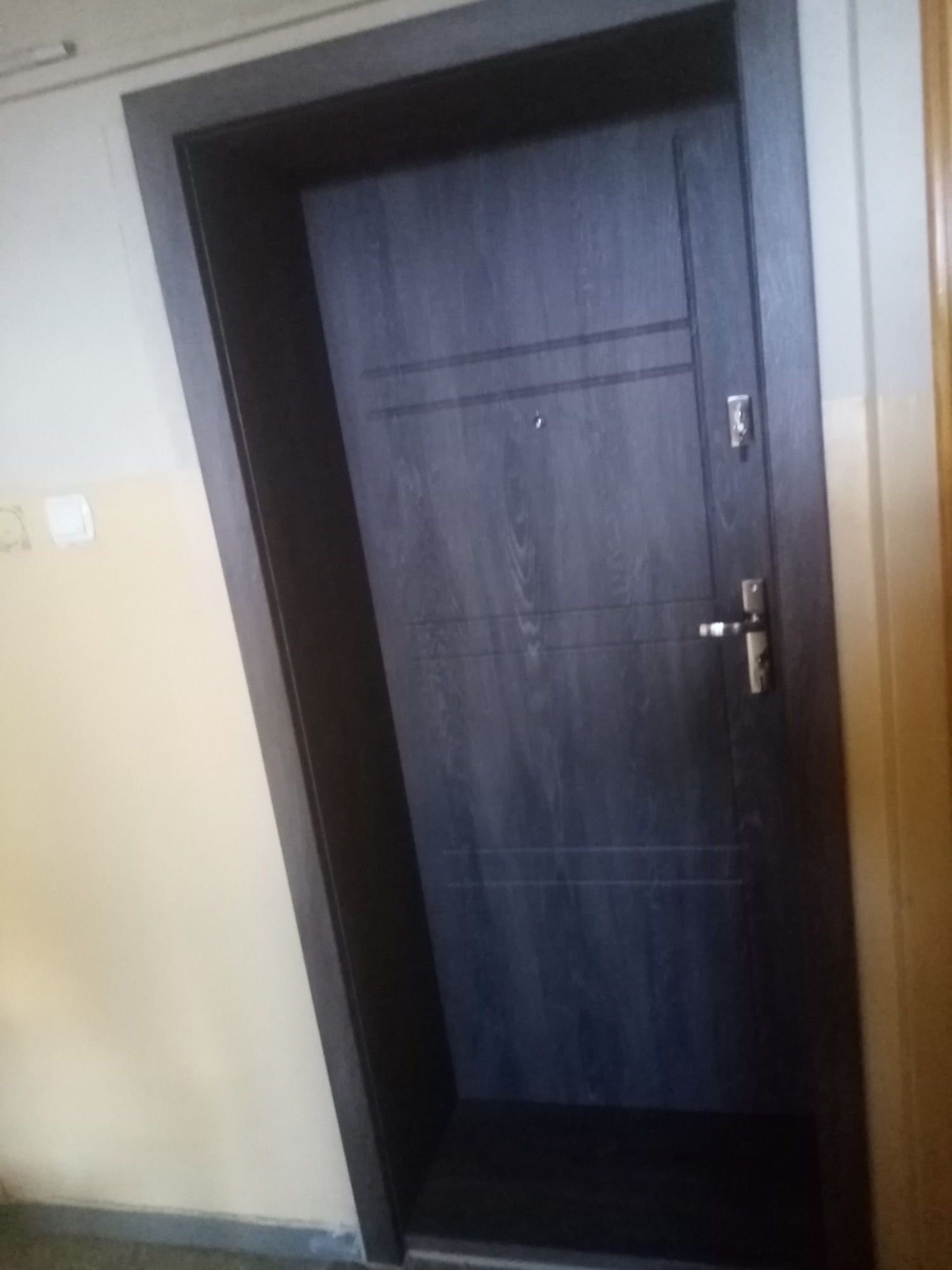 Ciemne drzwi wejściowe z wizjerem i srebrną klamką, osadzone w ciemnej futrynie, na tle jasnej ściany.