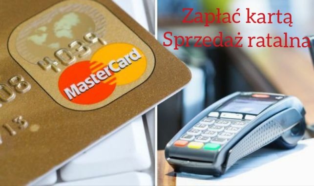 Zbliżenie złotej karty MasterCard obok terminala płatniczego z informacją o możliwości płatności kartą i sprzedaży ratalnej.